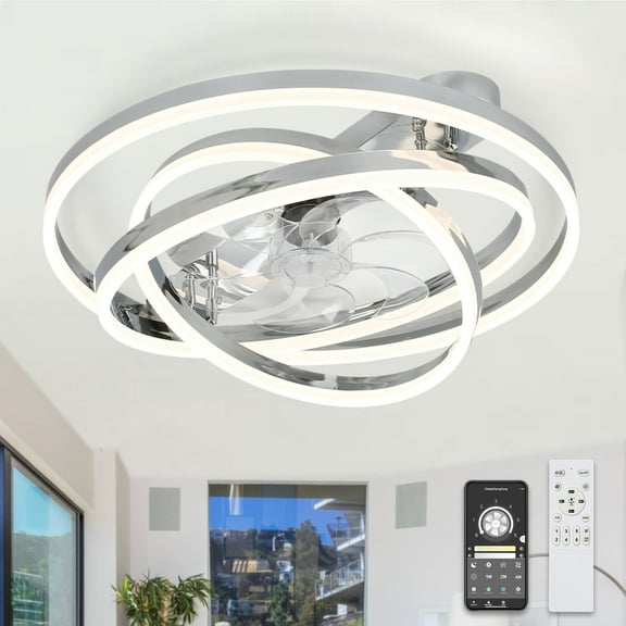24Inch Silver Indoor Reversible Ceiling Fan with Dimmable LED Light, 6-Speed DIY Shade with Remote and APP Control