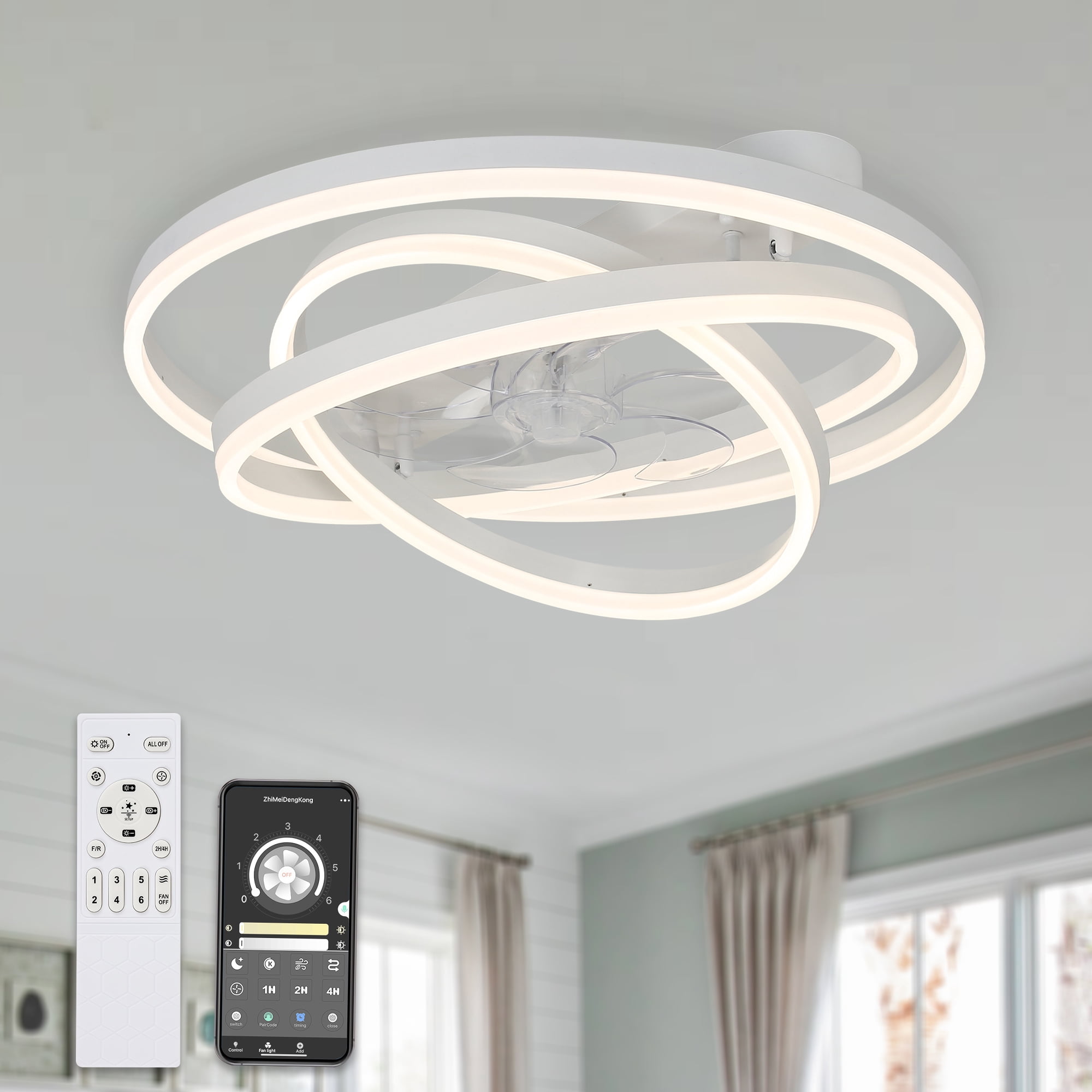 24Inch White Indoor Reversible Ceiling Fan with Dimmable LED Light,6-Speed DIY Shape Ceiling Fan with Remote and APP Control