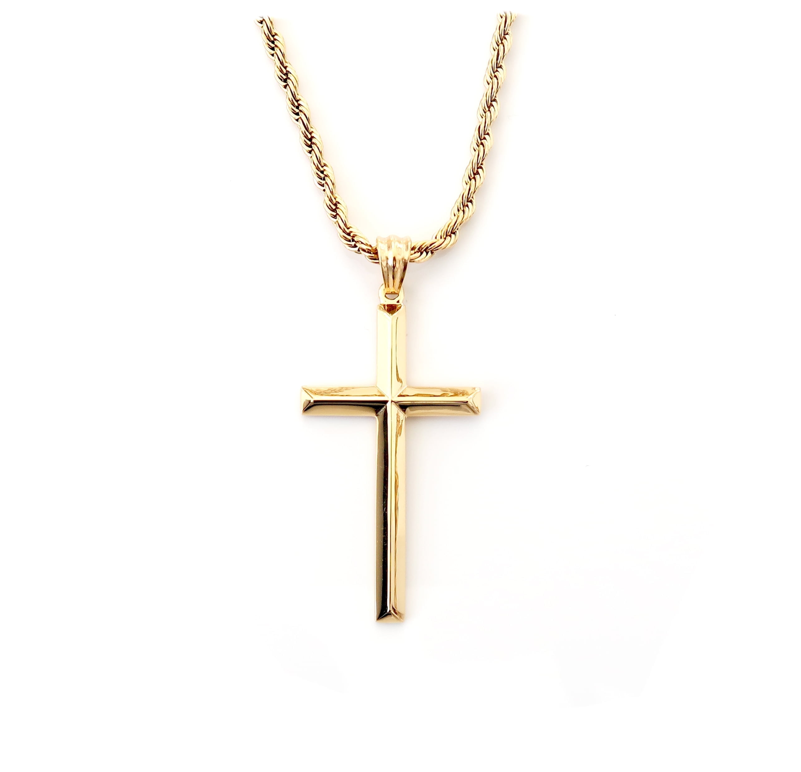 24K Beveled Edge Gold Cross Pendant Necklace for Men, Gold plated Necklace for Women. 3MM Rope Chain Fashion Jewelry Pendant