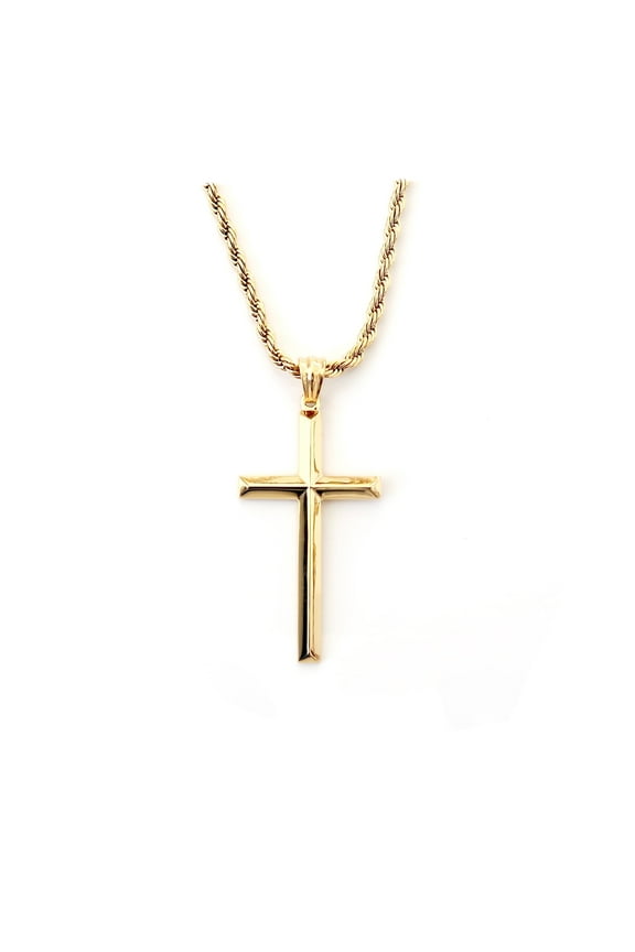 24K Beveled Edge Gold Cross Pendant Necklace for Men, Gold plated Necklace for Women. 3MM Rope Chain Fashion Jewelry Pendant