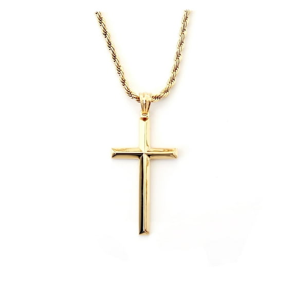 24K Beveled Edge Gold Cross Pendant Necklace for Men, Gold plated Necklace for Women. 3MM Rope Chain Fashion Jewelry Pendant