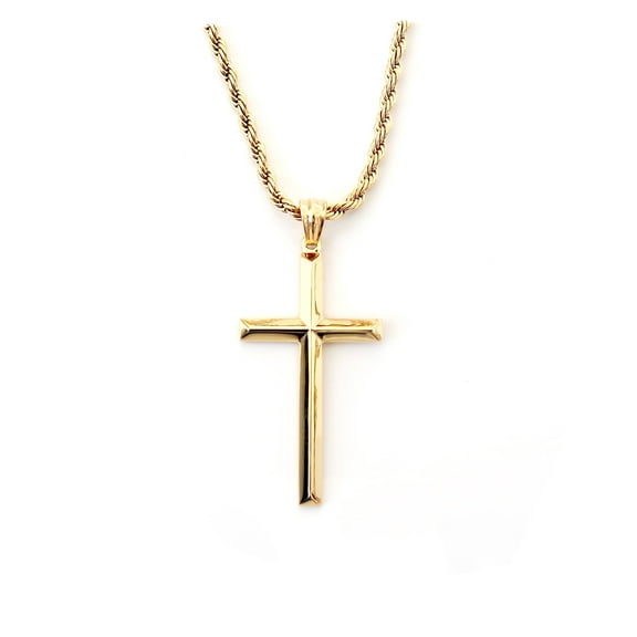 24K Beveled Edge Gold Cross Pendant Necklace for Men, Gold plated Necklace for Women. 3MM Rope Chain Fashion Jewelry Pendant