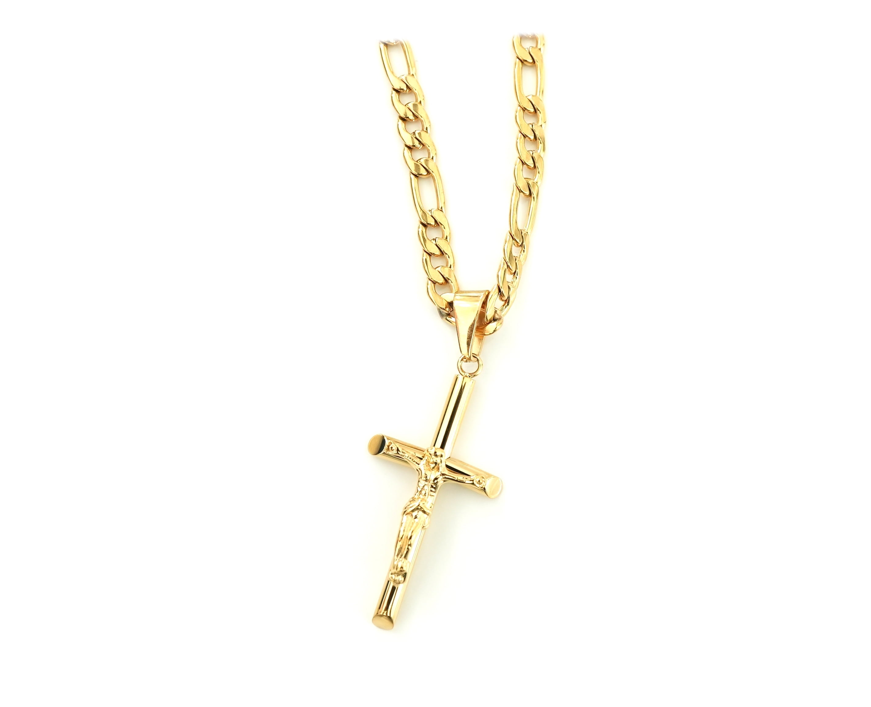 24K Figaro Gold Cross Crucifix Pendant Necklace for Men Women Wife Husband Religious Fashion Jewelry