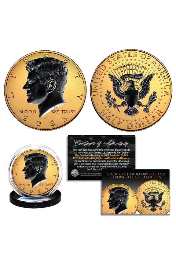 2025 JFK Half Dollar Coin - 24K Gold Plated with Black Ruthenium Highlights - Philadephia Mint