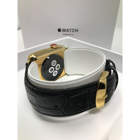 24K Gold 42MM Iwatch SERIES 3 Black Leather Alligator Band GPS+CELLULAR