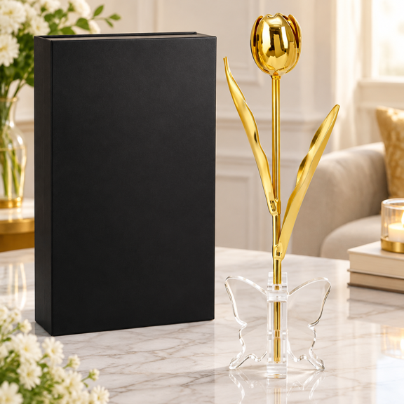 24K Gold Dipped Tulip - Royal Pure Gold, Luxury Book-Style Gift Box & Butterfly Stand, Eternal Flower Gift for Her, Wife, Mom, Christmas, Anniversary