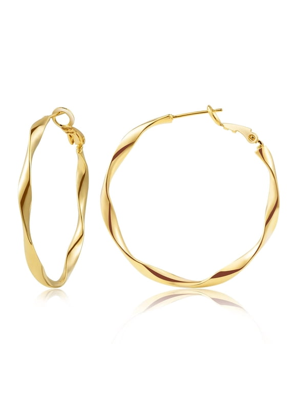 24K Gold Hoop Earrings for Women Real Gold Plated Big Twisted Thin Huggie Hoops 40mm, Dainty Cute Gold Filled Dangle Hoop Earrings Nickel Free Womens Earrings for Sensitive Ears Hypoallergenic