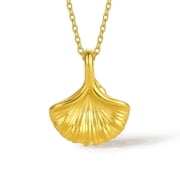 ZHOU LIU FU 24K Gold Ginkgo Leaf Necklace Pendant, Dainty Pure Gold Leaf Charm with 18" Silver Chain, Elegant Jewelry for Women