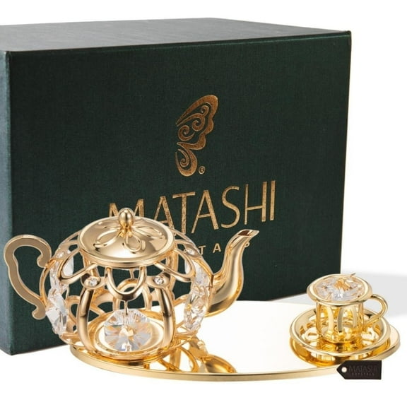 Matashi 24K Gold Plated Crystal Tea Set Ornament, Valentines Day & Mothers Day Gift for Mom & Grandma, Elegant Tabletop Home Decor