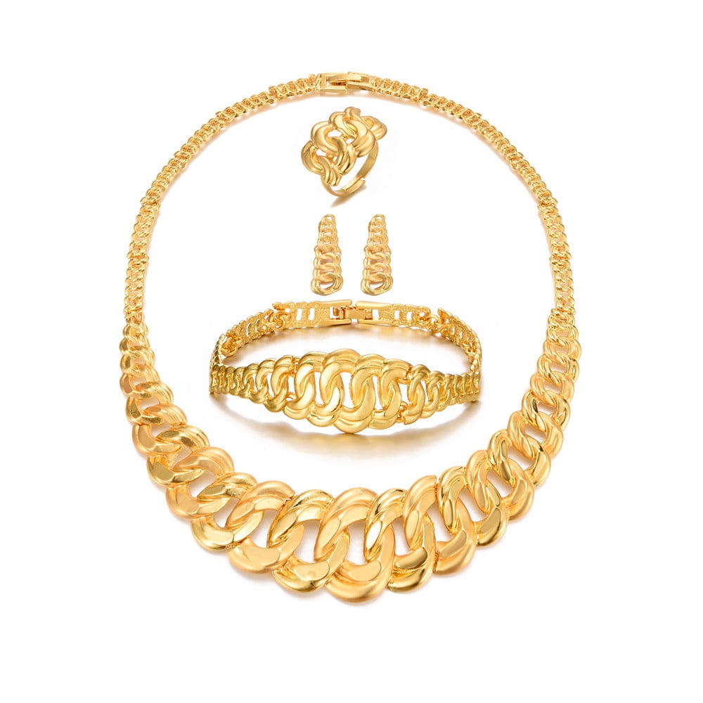 Gold Geometric Necklace & Earrings Set | African Statement Jewelry | Vintage Chunky Choker & Earring Set For Women
