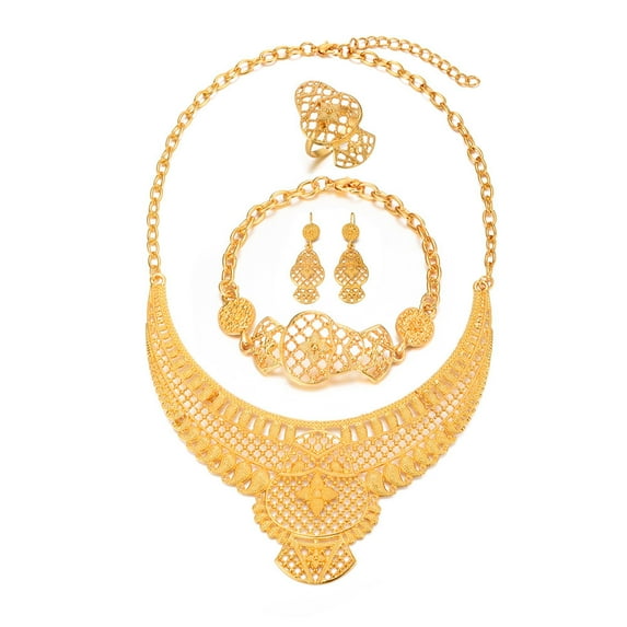 24K Gold Plated Jewelry Sets for women Bridal Necklace Earrings Bracelet Ring Set Indian African Wedding Gifts