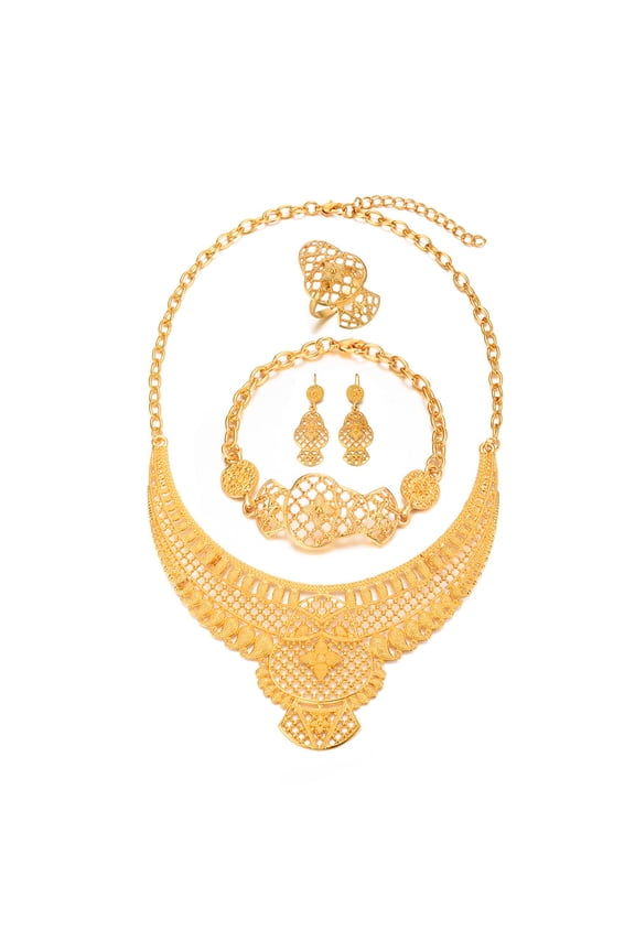 24K Gold Plated Jewelry Sets for women Bridal Necklace Earrings Bracelet Ring Set Indian African Wedding Gifts