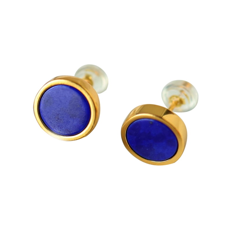 24K Gold Plated Lapis Lazuli Stud Earrings – Round Natural Blue Gemstone, Hypoallergenic Minimalist Geometric Jewelry for Women & Men with RTT Jewelry Box