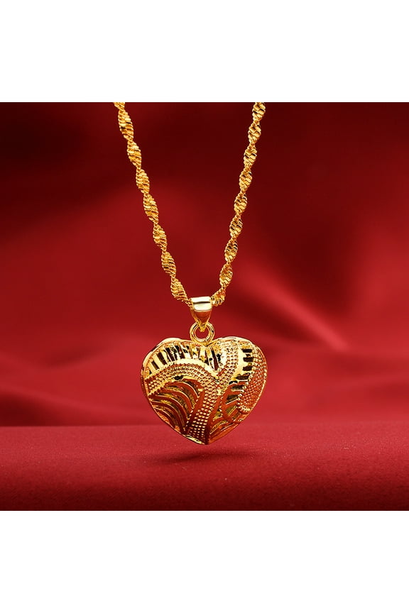 24K Gold Plated Sand Gold Heart Pendant Necklace - Trendy Accessory with Intricate Lattice Design & Lasting Color
