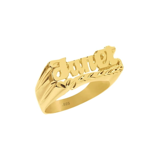 24K Gold Plated Sterling Silver Personalized Name Ring - Heart and Leaf Design Below Name - Size 10 - Made in USA