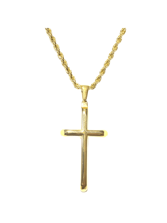 24K Gold Plated Rope Chain Necklace with Cross Pendant, 3mm 20"