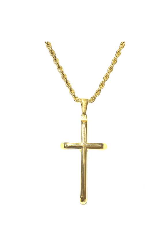 24K Gold Plated Rope Chain Necklace with Cross Pendant, 3mm 20"