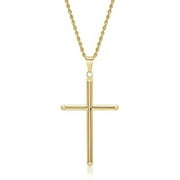 INCREDIBLE CHIC COLLECTIONS 24K Gold Rope Chain Style Cross Pendant Necklace Solid Clasp for Men,Women,Teens 2mm Miami Cuban Link Diamond Cut - 18"