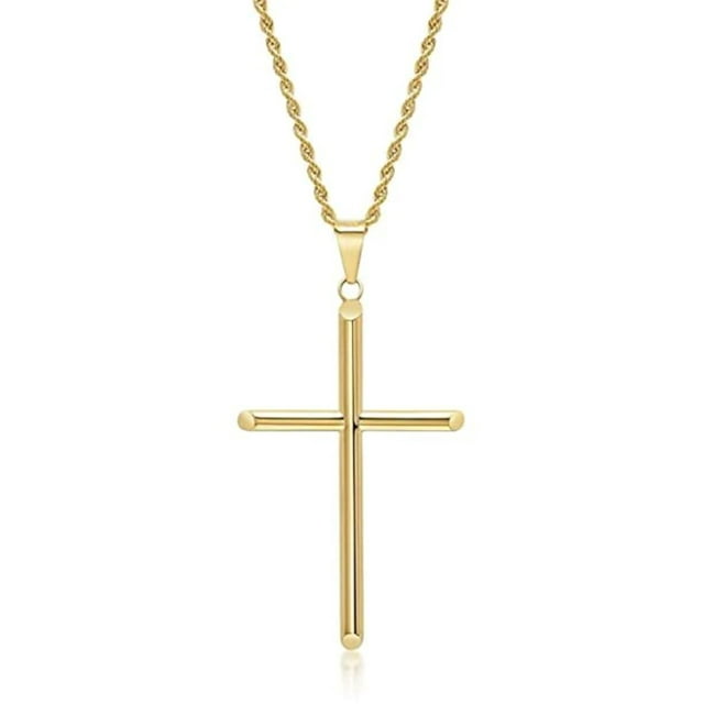 24K Gold Rope Chain Style Cross Pendant Necklace Solid Clasp for Men ...