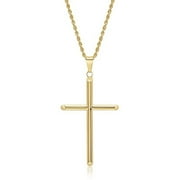 INCREDIBLE CHIC COLLECTIONS 24K Gold Rope Chain Style Cross Pendant Necklace Solid Clasp for Men,Women,Teens 2mm Miami Cuban Link Diamond Cut - 18"