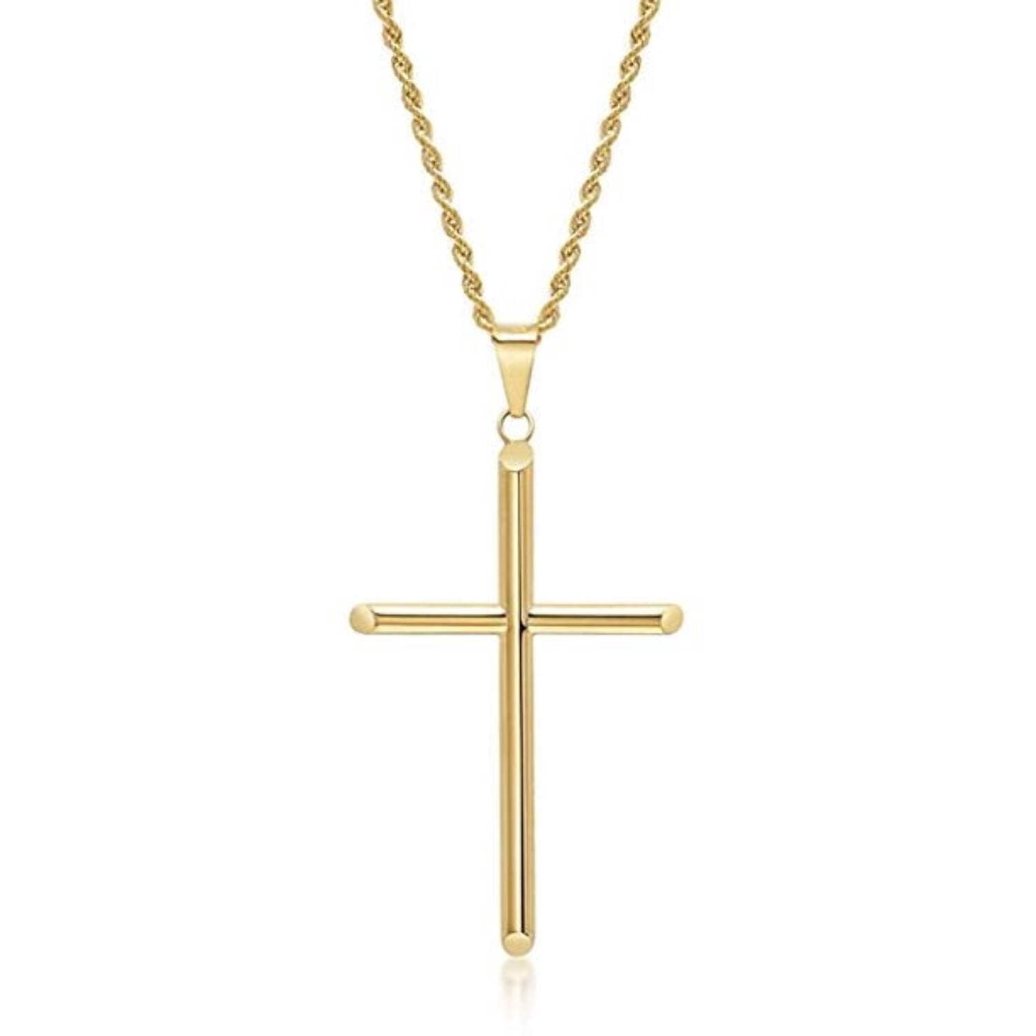 24K Gold Rope Chain Style Cross Pendant Necklace Solid Clasp for Men,Women,Teens 3mm Miami Cuban Link Diamond Cut - 20"