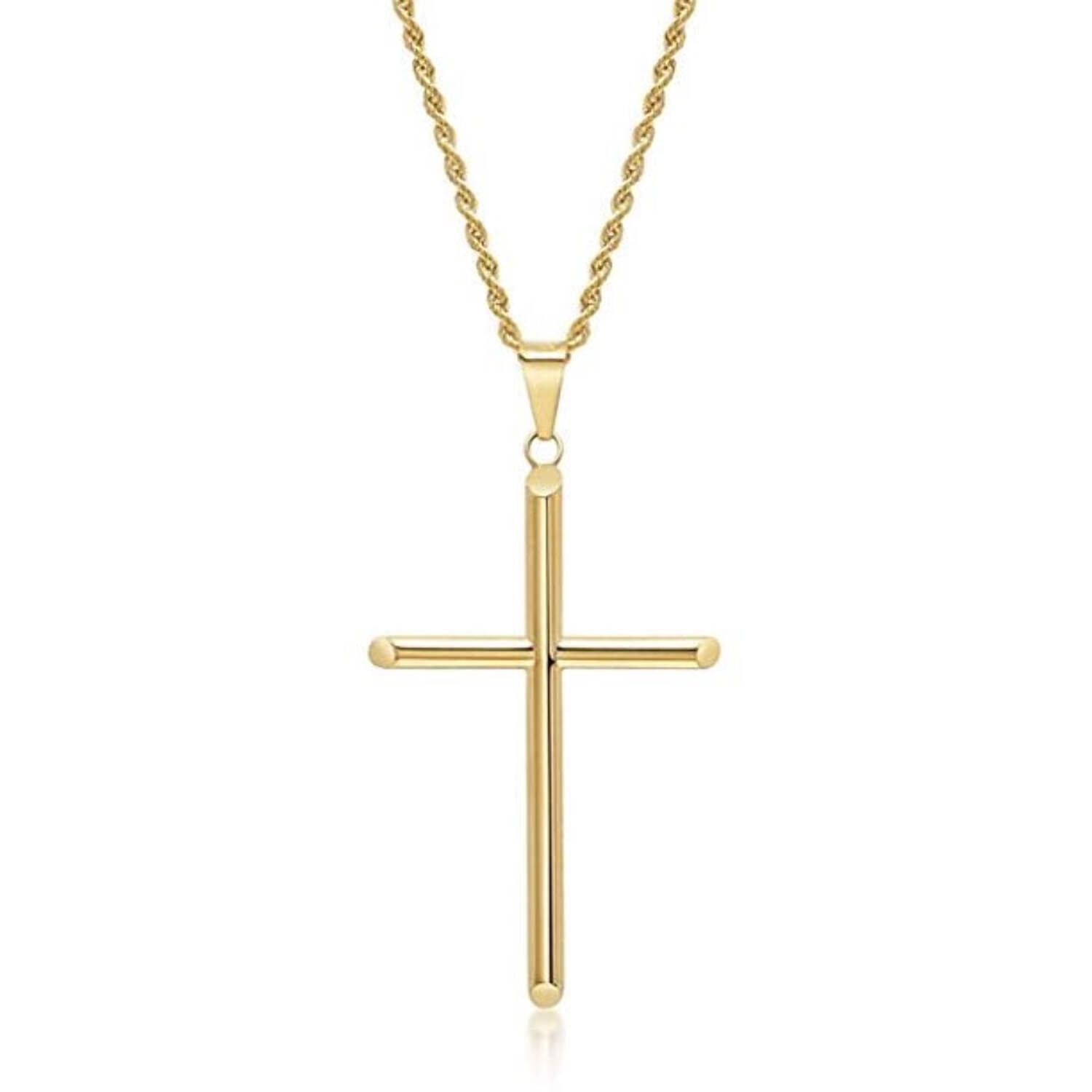 24K Gold Rope Chain Style Cross Pendant Necklace Solid Clasp for Men,Women,Teens Thin for Charms 2mm Miami Cuban Link Diamond Cut - 22"