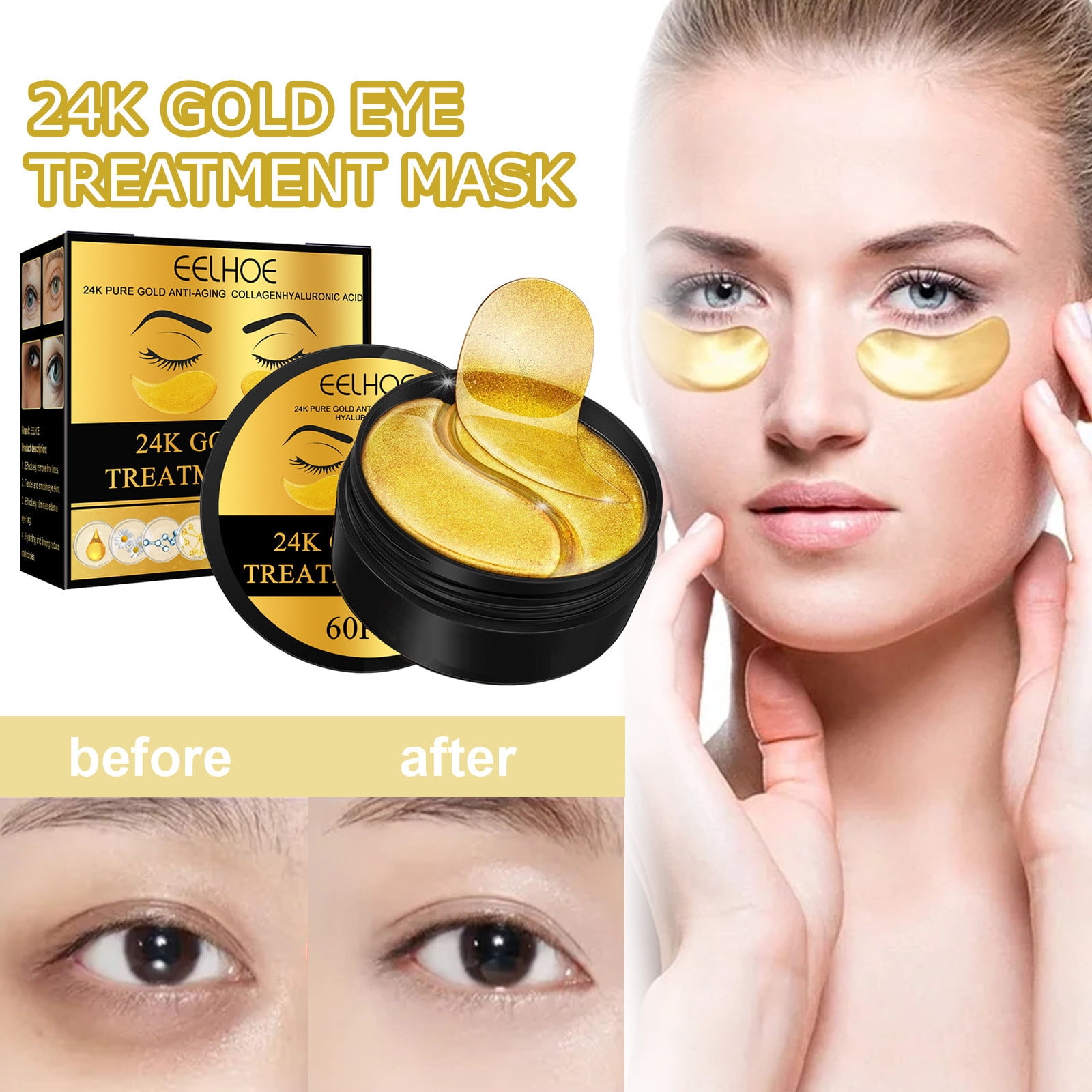 24K Gold Under Eye Patches For Dark Circles 30 Pairs Golden Hydrogel