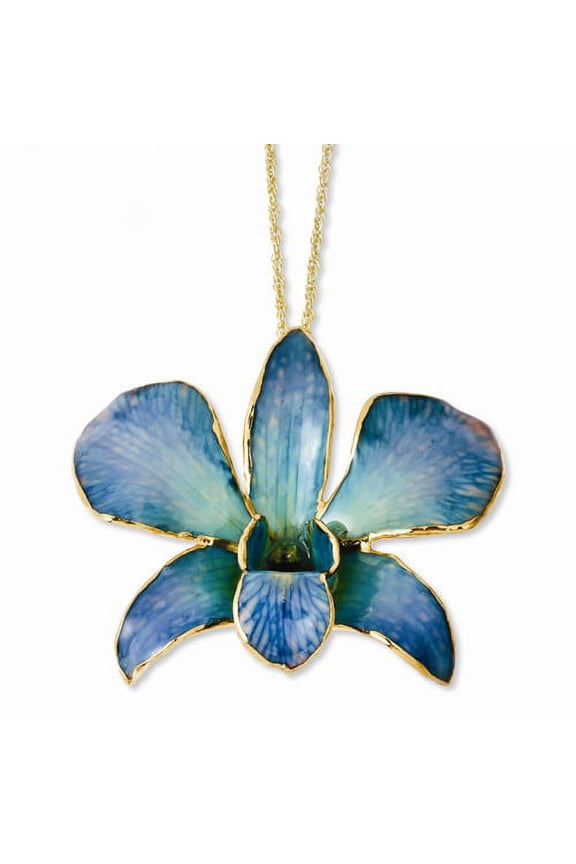 Roses and Leaves 24K Gold-trim Lacquer Dipped Blue and Purple Real Dendrobium Orchid 20 inch Gold-tone Necklace
