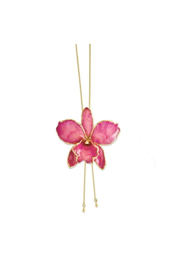 Roses and Leaves 24K Gold-trim Lacquer Dipped Fuchsia Real Cattleya Orchid Slip-on Adjustable Gold-tone Necklace