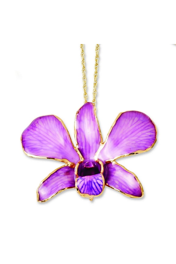 Roses and Leaves 24K Gold-trim Lacquer Dipped Hot Lavender Real Dendrobium Orchid 20 inch Gold-tone Necklace