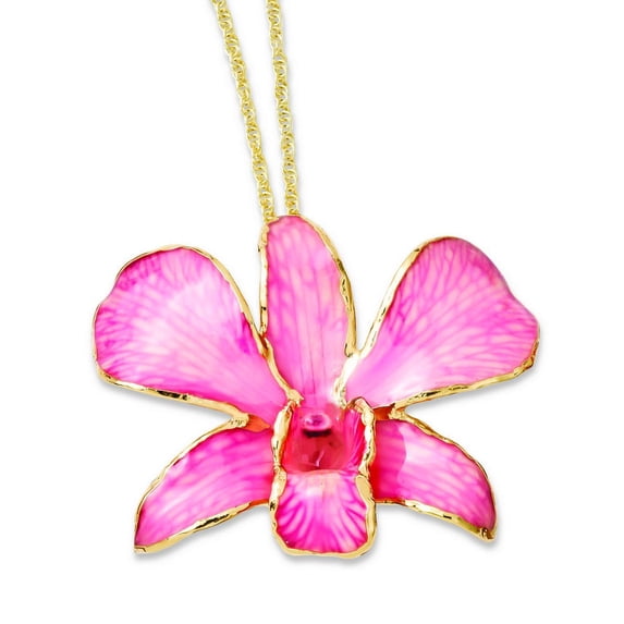 Roses and Leaves 24K Gold-trim Lacquer Dipped Pink Real Dendrobium Orchid 20 inch Gold-tone Necklace