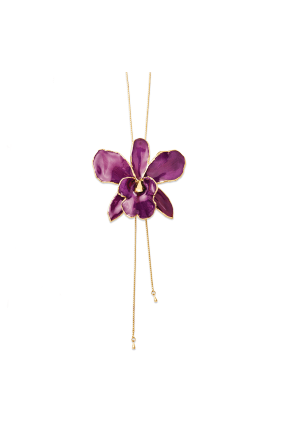 Roses and Leaves 24K Gold-trim Lacquer Dipped Purple Real Cattleya Orchid Slip-on Adjustable Gold-tone Necklace