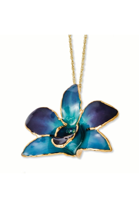 Roses and Leaves 24K Gold-trim Lacquer Dipped Purple and Blue Real Dendrobium Orchid 20 inch Gold-tone Necklace