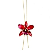 Roses and Leaves 24K Gold-trim Lacquer Dipped Red Real Cattleya Orchid Slip-on Adjustable Gold-tone Necklace