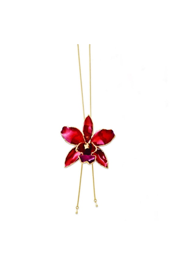 Roses and Leaves 24K Gold-trim Lacquer Dipped Red Real Cattleya Orchid Slip-on Adjustable Gold-tone Necklace