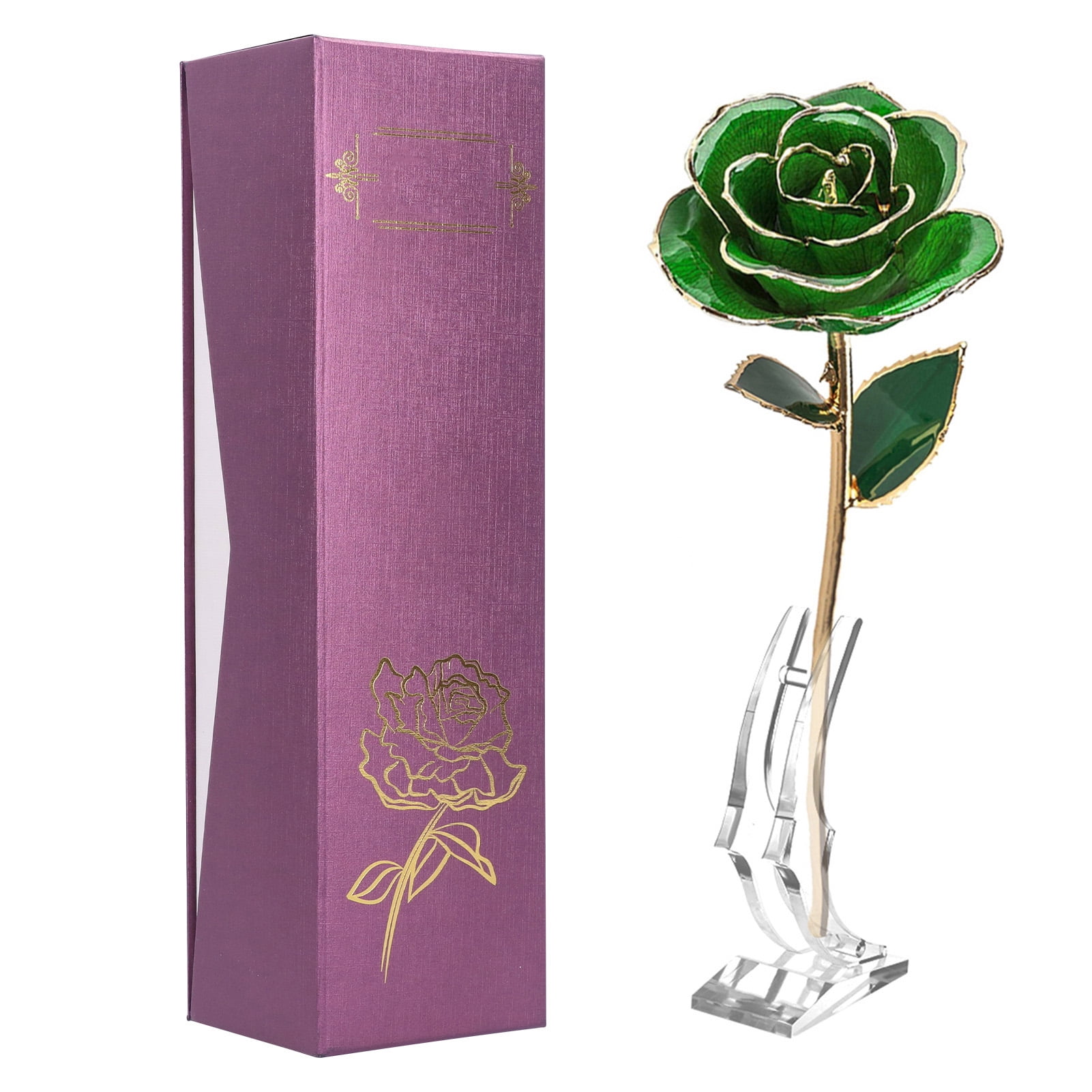 24K Real Forever Green Rose Artificial Flower with Leaf and Base Craft ...