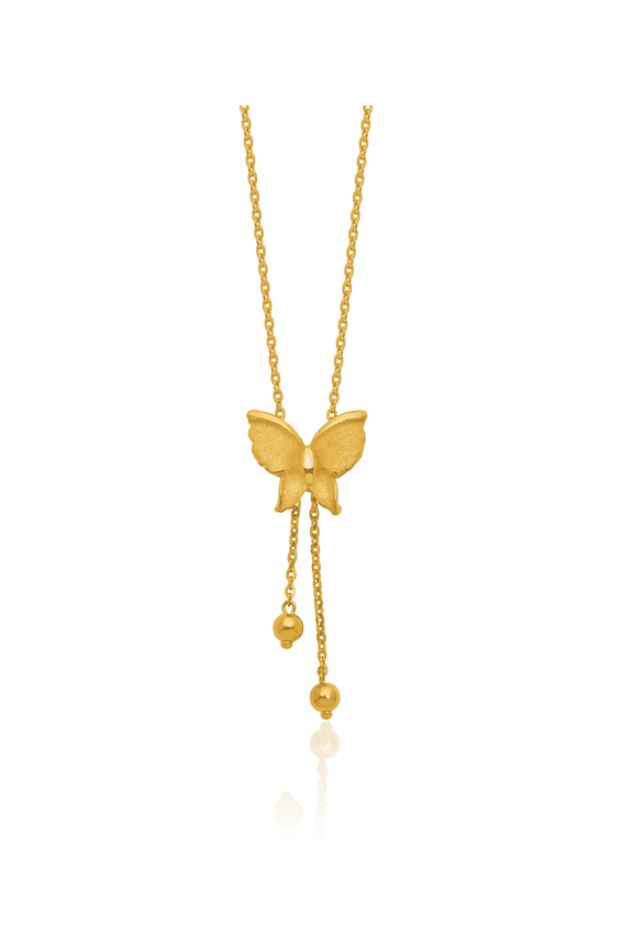 24K Solid Yellow Gold Butterfly Wings Lariat Necklace Chain