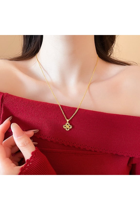 24K Sterling Silver Four Leaf Clover Lucky Snake Gold-Plated Adjustable Chain with Red Ruby Pendant Necklace