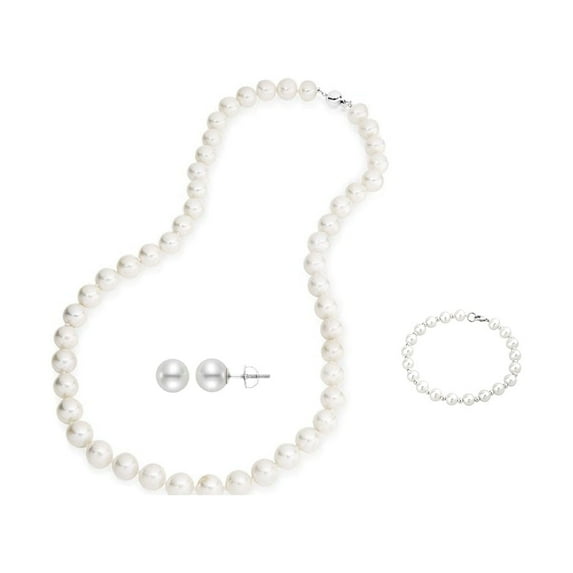 PJ Jewelry 0.5 ct White Pearl Round 18 Inch Cable Necklace, Bracelet and Earrings Set