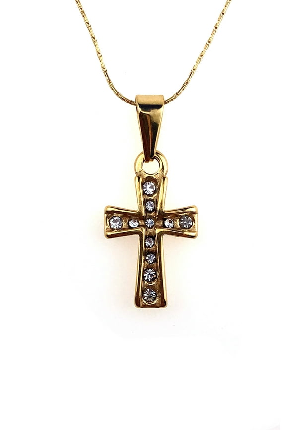 24K Yellow Gold 1 ct Created Diamond Cross Stud Necklace Plated 18 inch