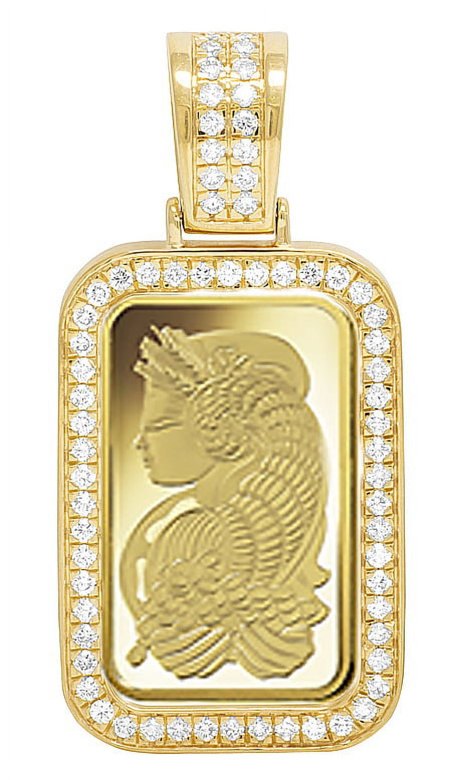24K Yellow Gold Lady Fortuna Bar 10 gram Frame Pendant 1.25 CT