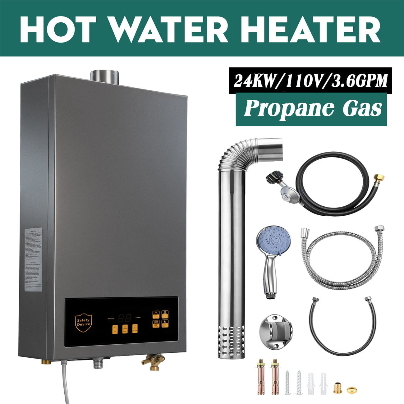 24KW Tankless Water Heater Propane Gas Max 3.6 GPM 80,000 BTU Instant Water 110V