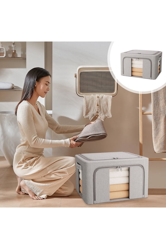 24L Clothes Storage Box with Double Window - Thickened Fabric T-Shirt Storage Organizer, Waterproof Moving Packing Bin - Gray, 40x30x20cm