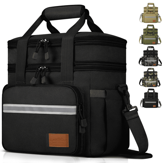 24L Insulated Lunch Bag, Expandable Double Deck Lunch Box for Men & Women, Leakproof Cooler Tote for Work, Picnic & Beach, with Adjustable Shoulder Strap & Side Pocket(Black)