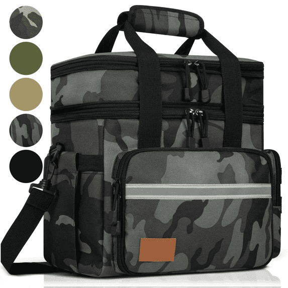 24L Large Lunch Bag for Men, Expandable Insulated Lunch Box with Side Pockets, Leakproof Cooler Tote Bag with Adjustable Shoulder Strap, 24 Can, Suit for Office/Picnic/Camping/Beach, Camo Gray