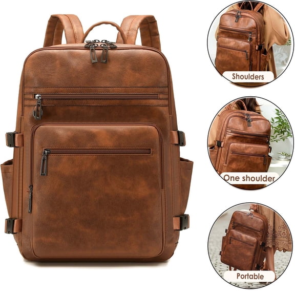 24L Waterproof Laptop Backpack with Pouch Pocket for Men Women 15.6" PU Leather Business Backpack for School Travel Work, Brown