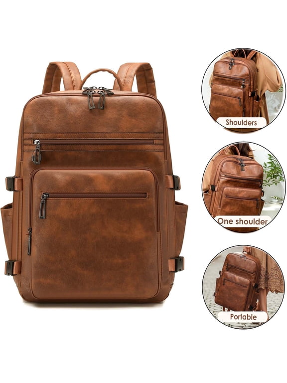 24L Waterproof Laptop Backpack with Pouch Pocket for Men Women 15.6" PU Leather Business Backpack for School Travel Work, Brown