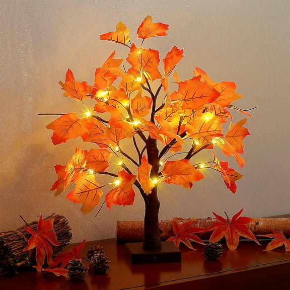 24LED Fall Tree Lighted Maple Tree,Thanksgiving Decoration Maple Leaf Table Tree,Timer Battery Operate Fall Decor Lights for Indoor Outdoor Holiday Autumn Harvest Xmas Party Home Decor