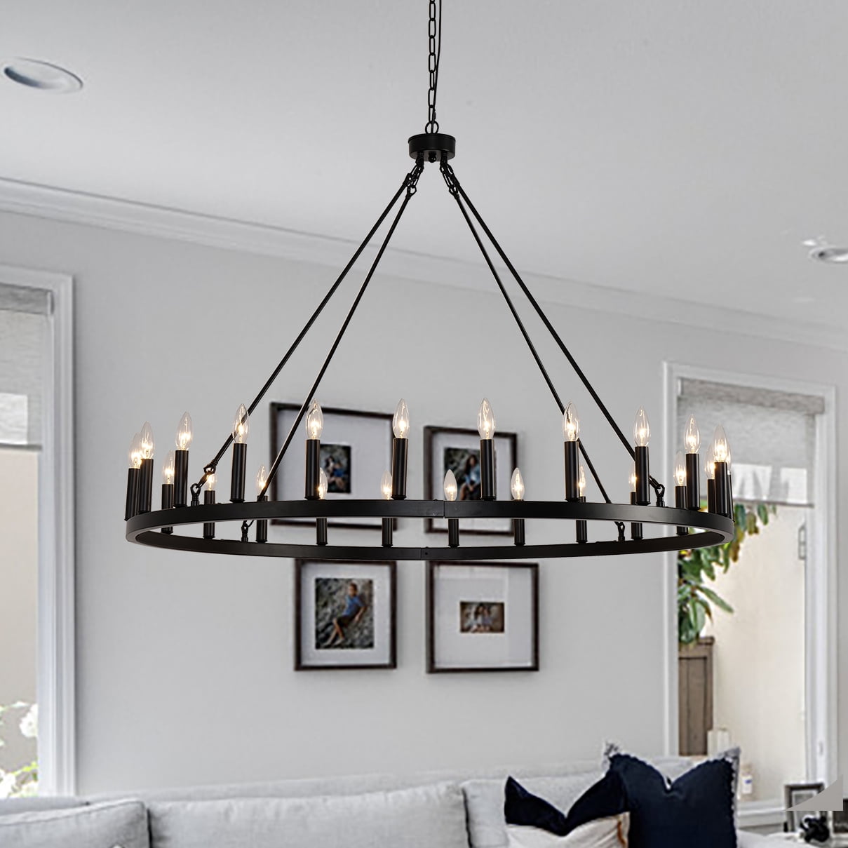 Black 53-Inch 24-Light Rustic Candle Wagon Wheel Chandelier