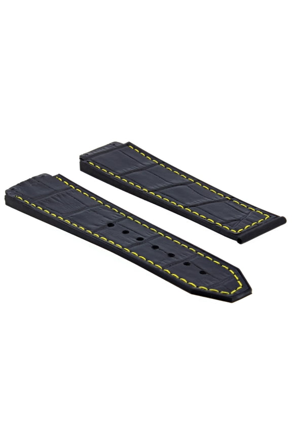 24MM ALLIGATOR LEATHER RUBBER BAND STRAP FOR HUBLOT BIG BANG BLACK YELLOW STITCH